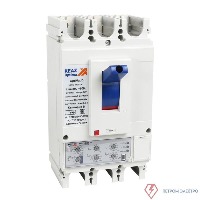 Выключатель автоматический 3п 400А диапазон уст. 160...400А 65кА OptiMat D400H-MR2.1-У3 КЭАЗ 321659
