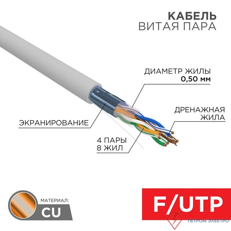 Кабель витая пара F/UTP кат.5E 4х2х24AWG ZH нг(А)-HF solid CU  сер. (305м) Rexant 01-0169