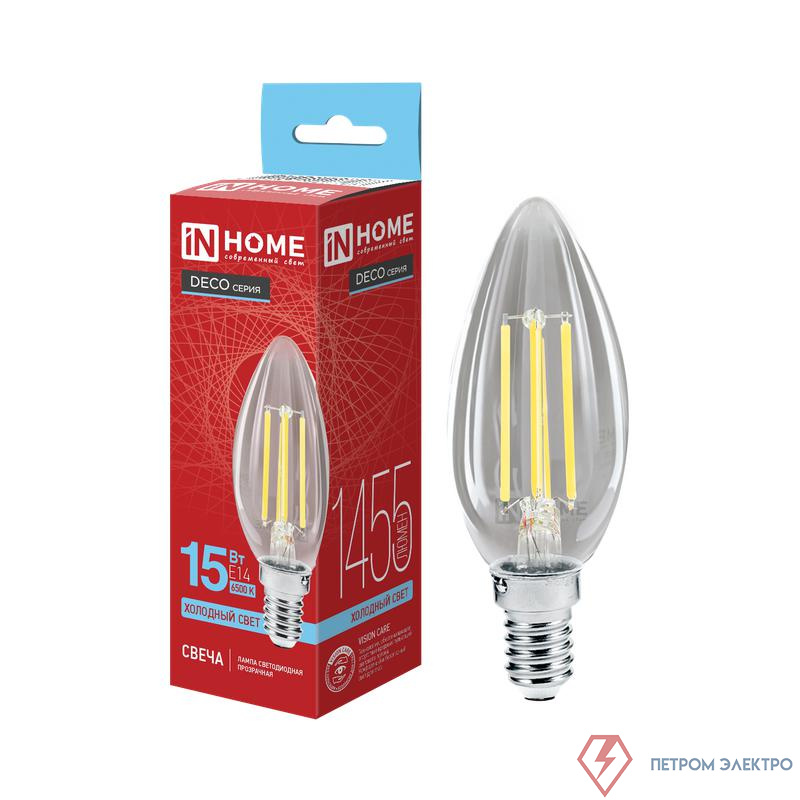 Лампа светодиодная филаментная LED-СВЕЧА-deco свеча прозрачная 15Вт 230В E14 6500К 1455лм IN HOME 4690612055961