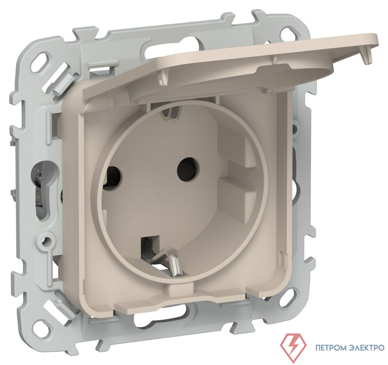 Розетка СП FLITE РСшкр11-1-44-ФлЛ 16А IP44 с заземл. с защ. шторками и крышкой безвинтовое крепление механизм льняной IEK FI-R16-16-1-44-K88
