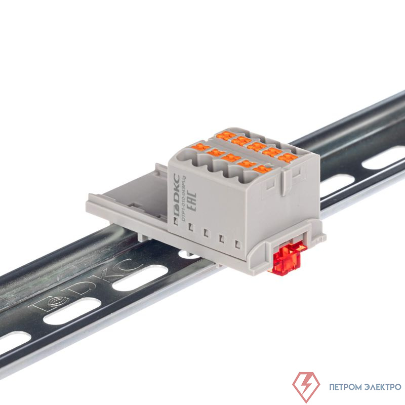 Блок распределительный с вертикал. адаптером на рейки шир. 15/35мм зажим push-in 10 точек подключения 2.5кв.мм сер. DKC DTP1-010-04SPUG-V