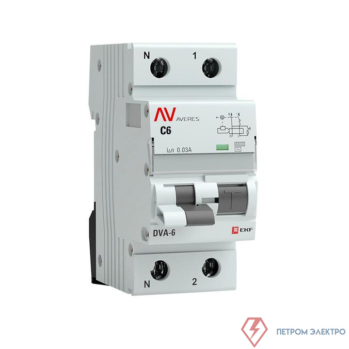 Выключатель автоматический дифференциального тока 2п (1P+N) C 6А 30мА тип AC 6кА DVA-6 Averes EKF rcbo6-1pn-6C-30-ac-av