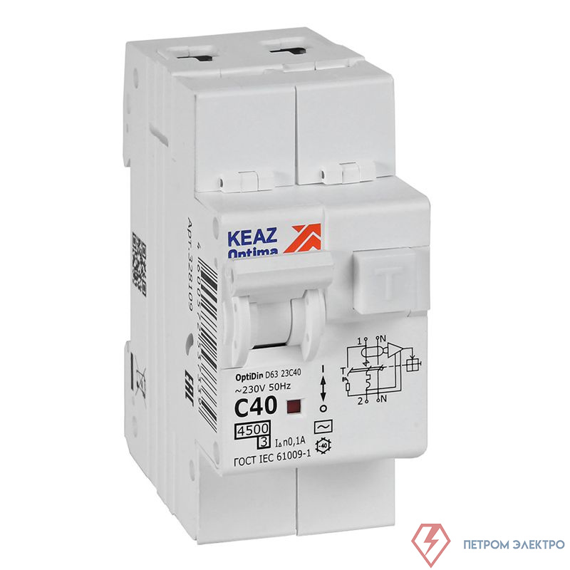 Выключатель автоматический дифференциального тока 2п OptiDin D63-23C40-AC-У3 C40 100мА 4.5кА с защитой от сверхтоков КЭАЗ 328109