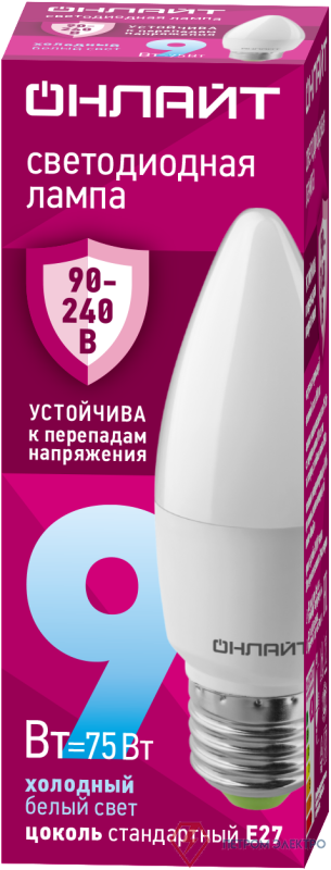 Лампа светодиодная 90 414 OLL-C37-9-230-6.5K-E27-FR (PRO 90-240В) ОНЛАЙТ 90414