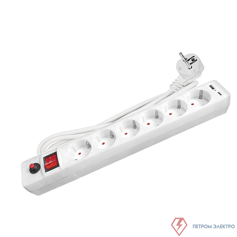 Удлинитель с сетевым фильтром 6х1.8м с заземл. 10А IP20 2.2кВт USB type-A + type-C ПВС 3х0.75 с выкл. бел. UNIVersal 2543