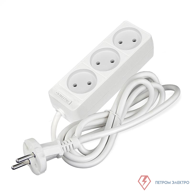 Удлинитель 3х1.5м без заземл. 10А IP20 2.2кВт ПВС 2х0.75 бел. DOMTOK 2370