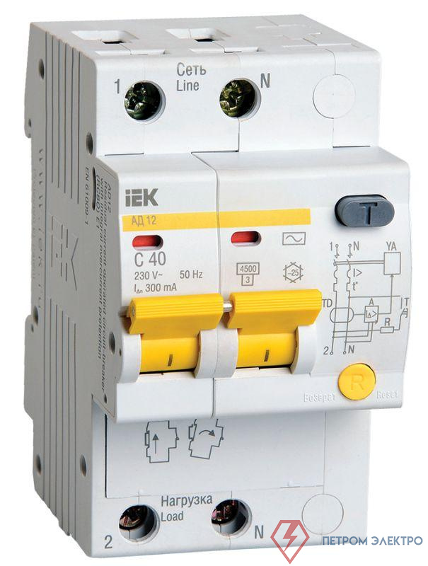 Выключатель автоматический дифференциального тока 2п C 40А 300мА тип AC 4.5кА АД-12 IEK MAD10-2-040-C-300