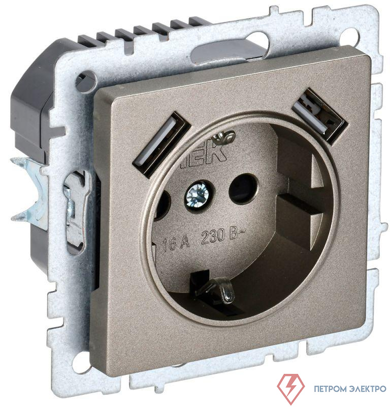 Розетка BRITE РЮш10-1-БрШ 16А с USB A+A 2.1А с заземл. защ. шторки механизм шампань IEK BR-R14-16-U21-D21-K37