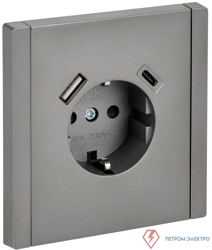 Розетка FORTE&PIANO FP547 16А USB A+C 18Вт с заземл. защ. штроки винт. крепл. сталь IEK FP-R14-16-U22-018-K46