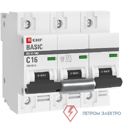 Выключатель автоматический модульный 3п C 16А 10кА ВА 47-100 Basic EKF mcb47100-3-16C-bas