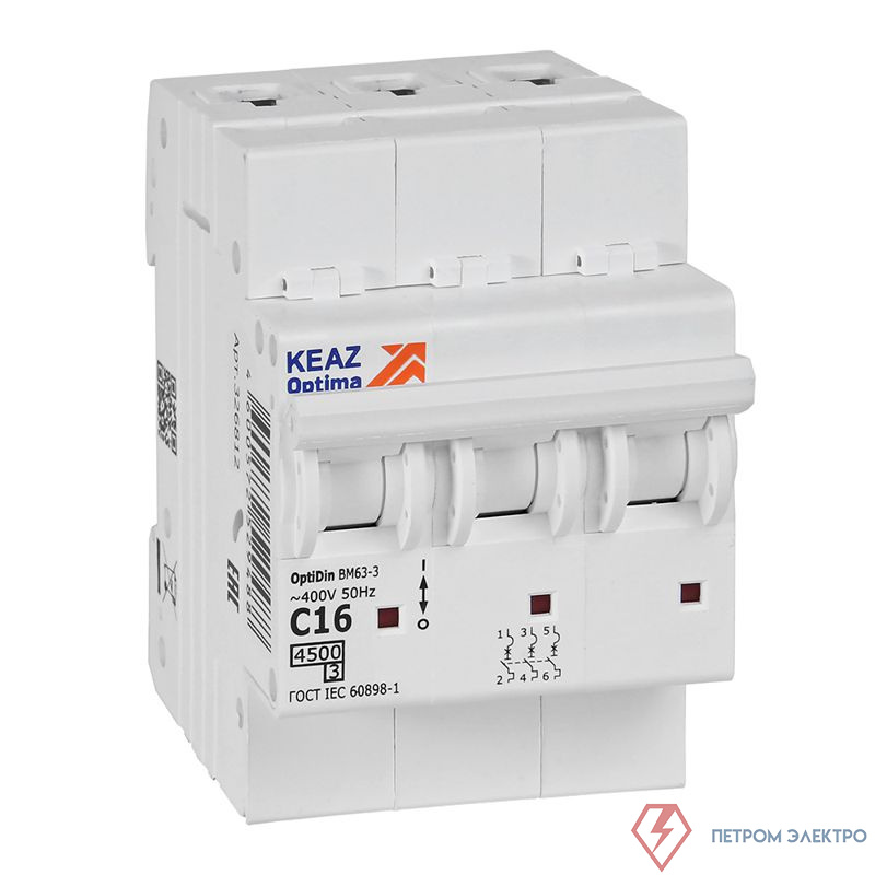 Выключатель автоматический модульный 3п C 16А OptiDin BM63-3C16-4.5-УХЛ3 КЭАЗ 326812
