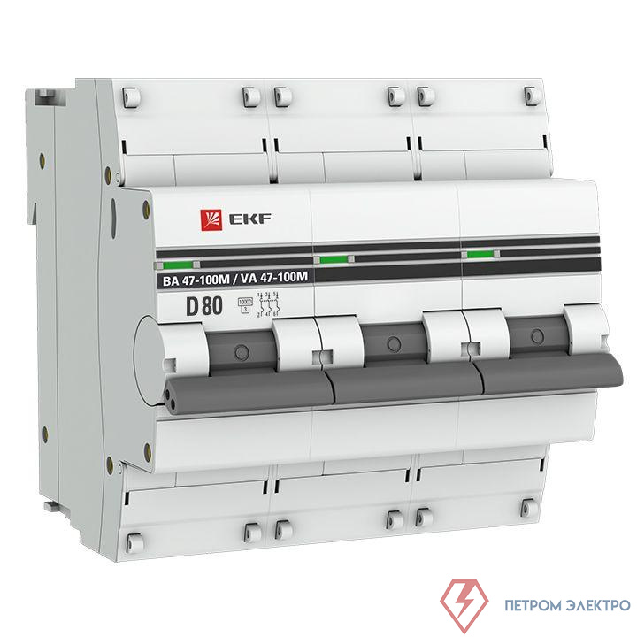 Выключатель автоматический модульный 3п D 80А 10кА ВА 47-100M электромагнит. расцеп. PROxima EKF mcb47100m-3-80D-pro