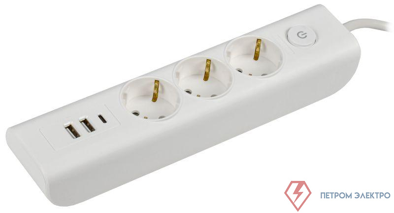 Удлинитель 3х2м с заземл. 16А 250В MODERN У03В с выкл. USBх3 (type-Aх2шт + type-Cх1шт) ПВС 3х1 бел. IEK WYP12-16-03-02-ZKU-K01