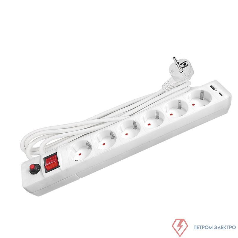 Удлинитель с сетевым фильтром 6х5м с заземл. 10А IP20 2.2кВт USB type-A + type-C ПВС 3х0.75 с выкл. бел. UNIVersal 2545