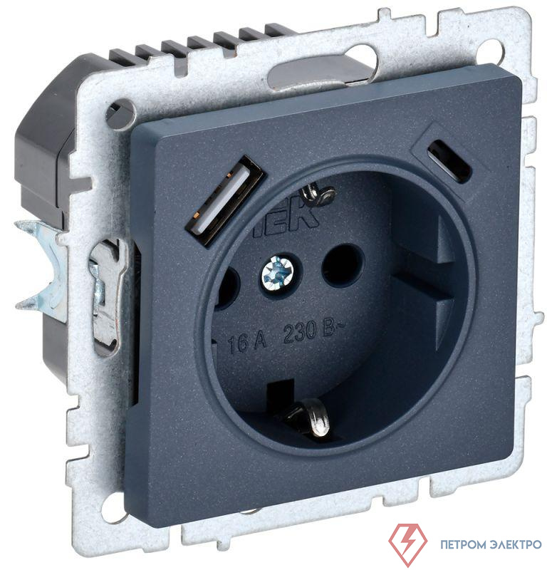 Розетка BRITE РЮш11-1-БрМ 16А с USB A+C 18Вт с заземл. защ. шторки механизм маренго IEK BR-R14-16-U22-018-K35