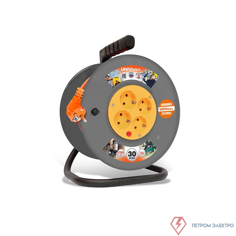 Удлинитель на катушке 4х30м с заземл. 6А IP20 ВЕМ-250 ПВС 3х0.75 термозащита защ. шторки UNIVersal 1680