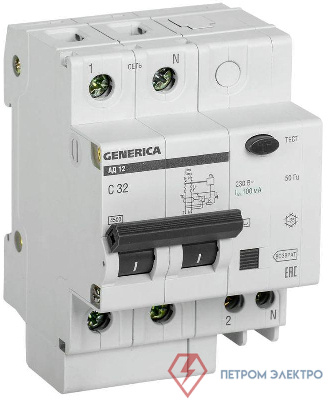 Выключатель автоматический дифференциального тока 2п 32А 100мА АД12 GENERICA IEK MAD15-2-032-C-100