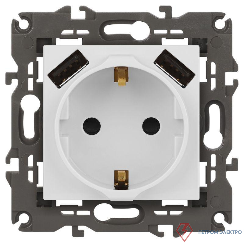 Розетка 16А 250В 2P+E с 2хUSB 5В-3А защ. шторки Elegance бел. 14-4109-01 ЭРА Б0047867