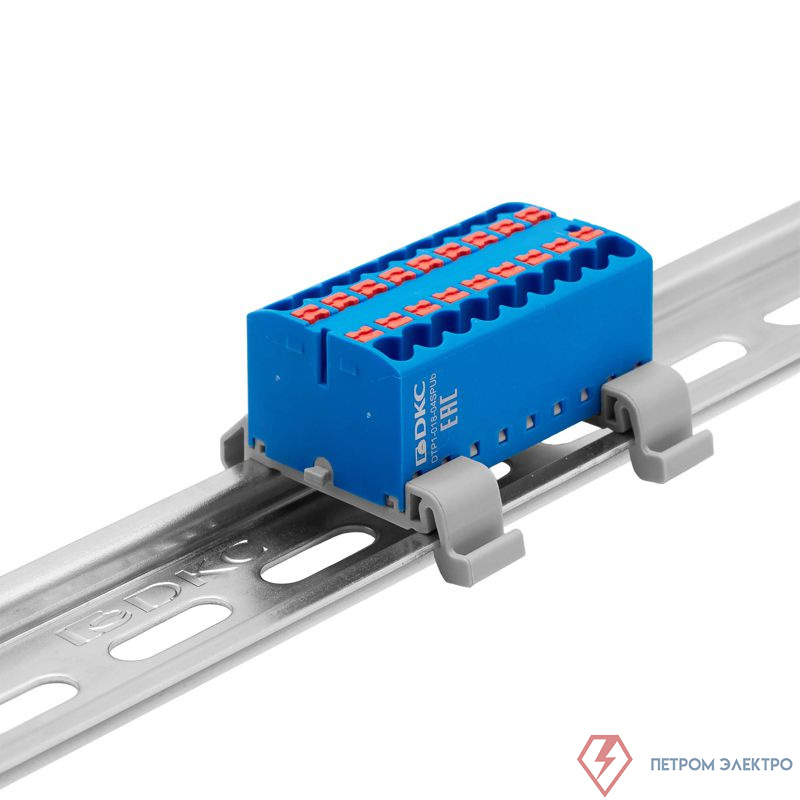 Блок распределительный с горизонт. адаптером на рейку шир. 35мм зажим push-in 18 точек подключения 2.5кв.мм син. DKC DTP1-018-04SPUB-H
