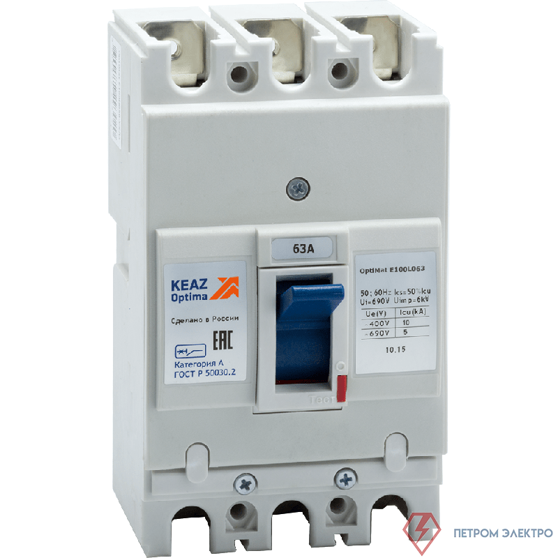 Выключатель автоматический 3п 63А 10кА OptiMat E100L063 ОМ4 РЕГ КЭАЗ 273894
