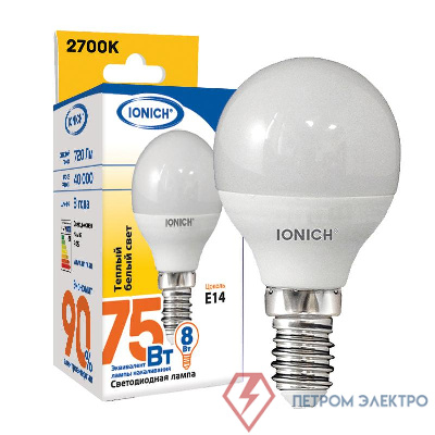 Лампа светодиодная ILED-SMD2835-P45-8-720-230-2.7-E14 P45 8Вт Шар 2700К тепл. бел. Е14 230В IONICH 1642 0