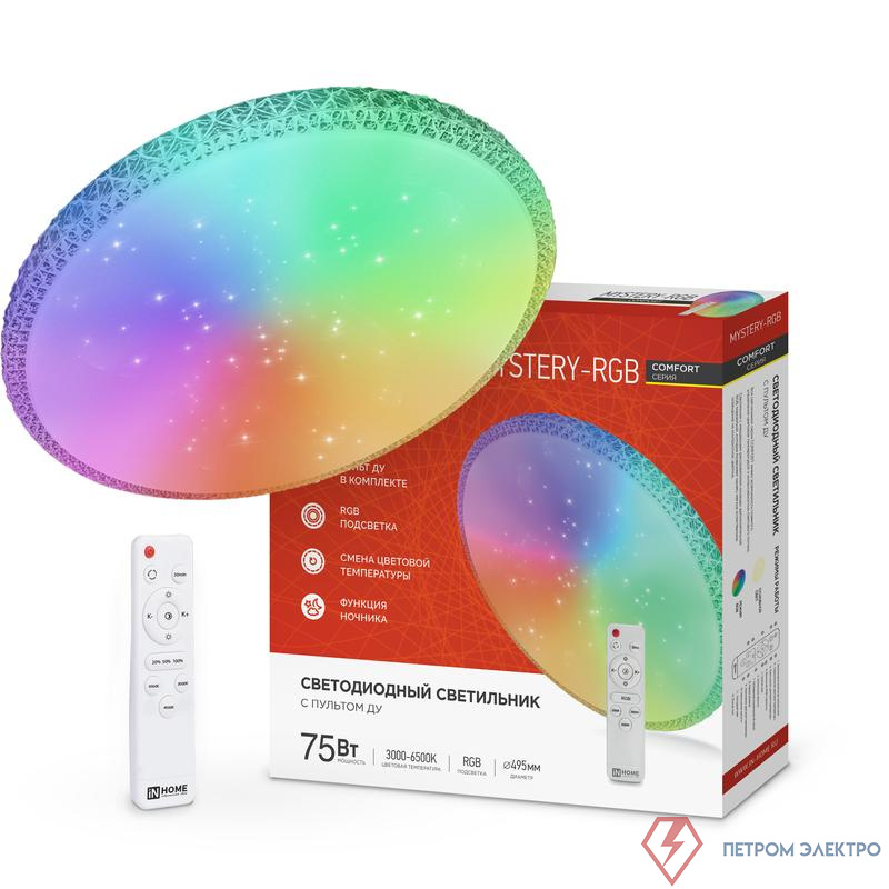 Светильник светодиодный COMFORT MYSTERY-RGB 75Вт 3000-6500К 6000лм 230В 495х85мм с пультом ДУ IN HOME 4690612044637