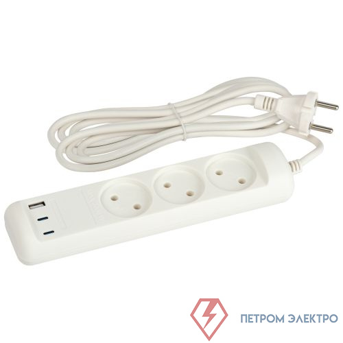 Удлинитель электрический U-3-3m-USB-W 3 розетки + 3xUSB A+C 3м 10А бел. Эра Б0069076