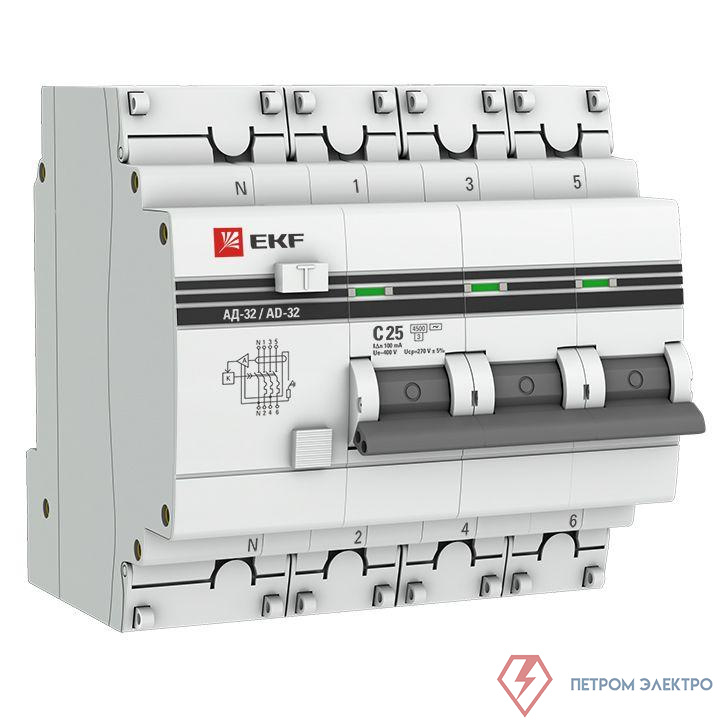 Выключатель автоматический дифференциального тока 4п (3P+N) C 25А 100мА тип AC 4.5кА АД-32 защита 270В электрон. PROxima EKF DA32-25-100-4P-pro