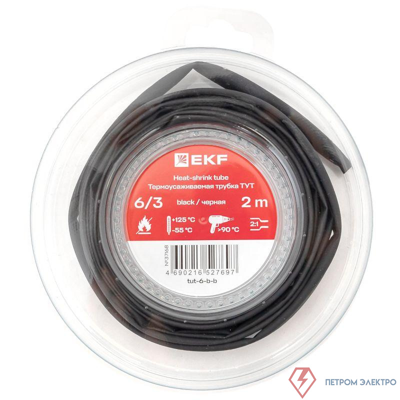 Трубка термоусадочная ТУТ нг 6/3 черн. ролик 2 м EKF tut-6-b-b