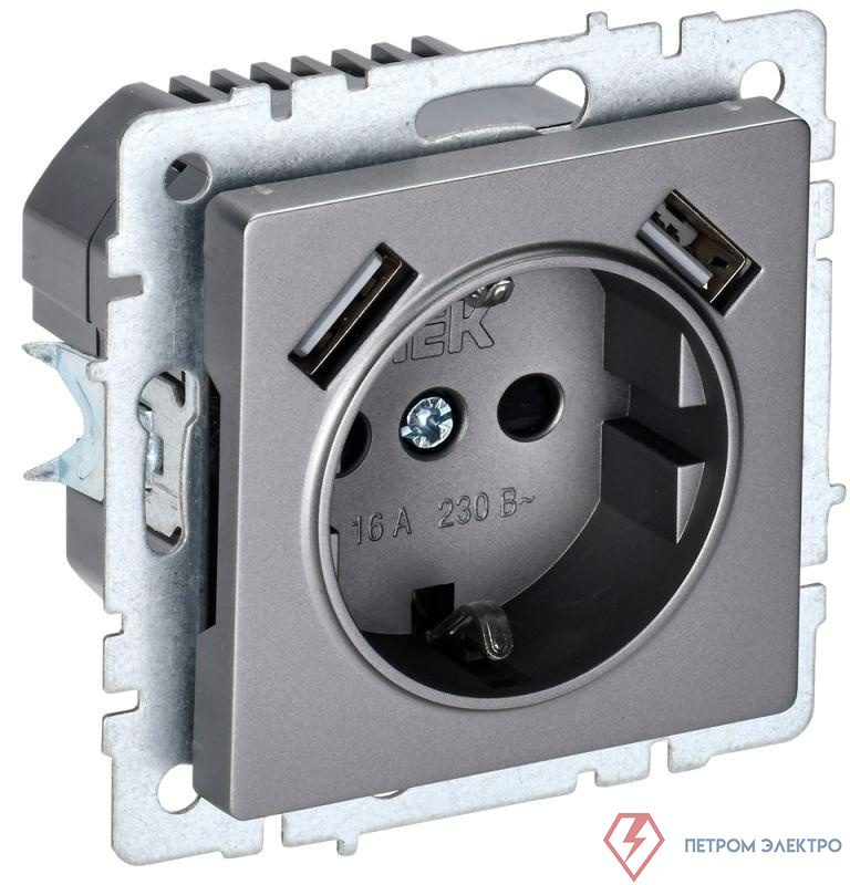 Розетка BRITE РЮш10-1-БрС 16А с USB A+A 2.1А с заземл. защ. шторки механизм сталь IEK BR-R14-16-U21-D21-K46