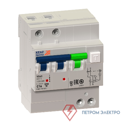 Выключатель автоматический дифференциального тока 2п C 63А 300мА тип A 6кА OptiDin VD63 УХЛ4 КЭАЗ 103470