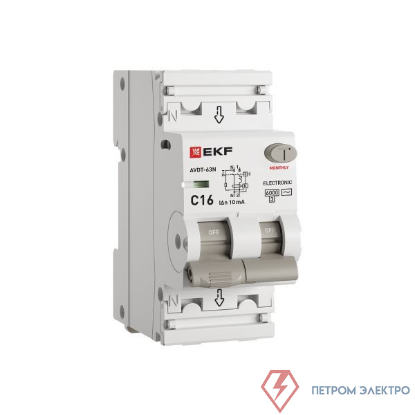 Выключатель автоматический дифференциального тока 2п (1P+N) C 16А 10мА тип AC 6кА АВДТ-63N (электрон.) PROxima EKF D63N26E16C10