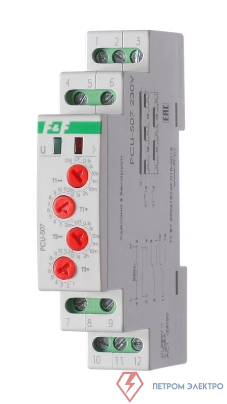 Реле времени PCU-507 2х8А 230В 2перекл. IP20 многофункц. 2 независимых времен. 1мод. монтаж на DIN-рейке F&F EA02.001.022