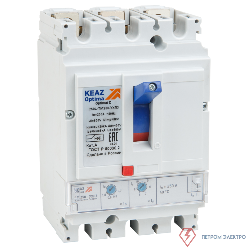 Выключатель автоматический 3п 200А диапазон уст. 100...250А 40кА OptiMat D250N-TM200-УХЛ3 КЭАЗ 291433