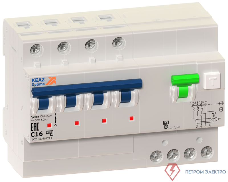 Выключатель автоматический дифференциального тока 4п B 25А 30мА тип A 10кА OptiDin VD63-42B25-A УХЛ4 КЭАЗ 361571