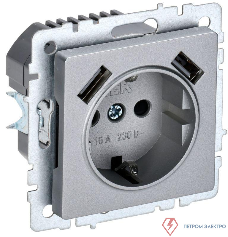 Розетка BRITE РЮш10-1-БрА 16А с USB A+A 2.1А с заземл. защ. шторки механизм алюм. IEK BR-R14-16-U21-D21-K47 0