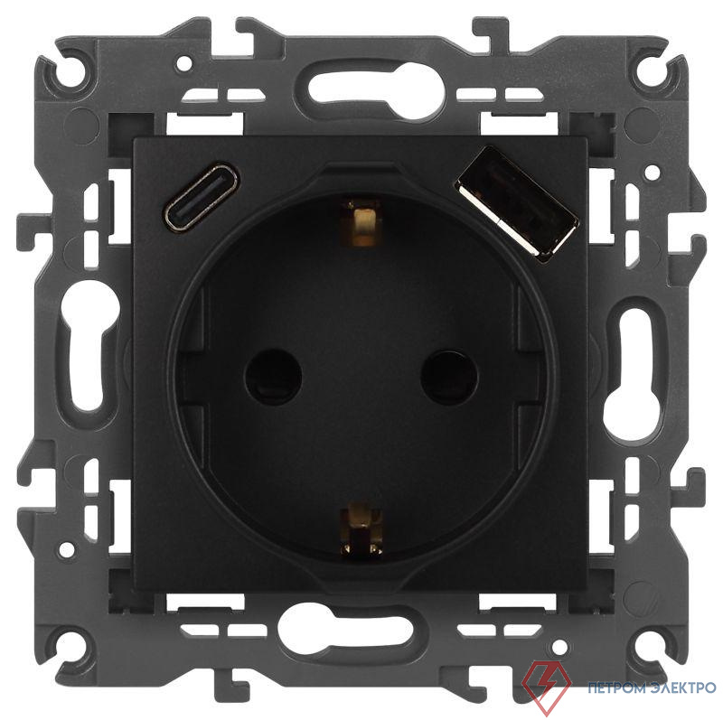 Розетка ЭРА Elegance 14-4108-05 2P+E 16A-250В со шторками с USB type-A+C 5В-3А антрацит Эра Б0067724