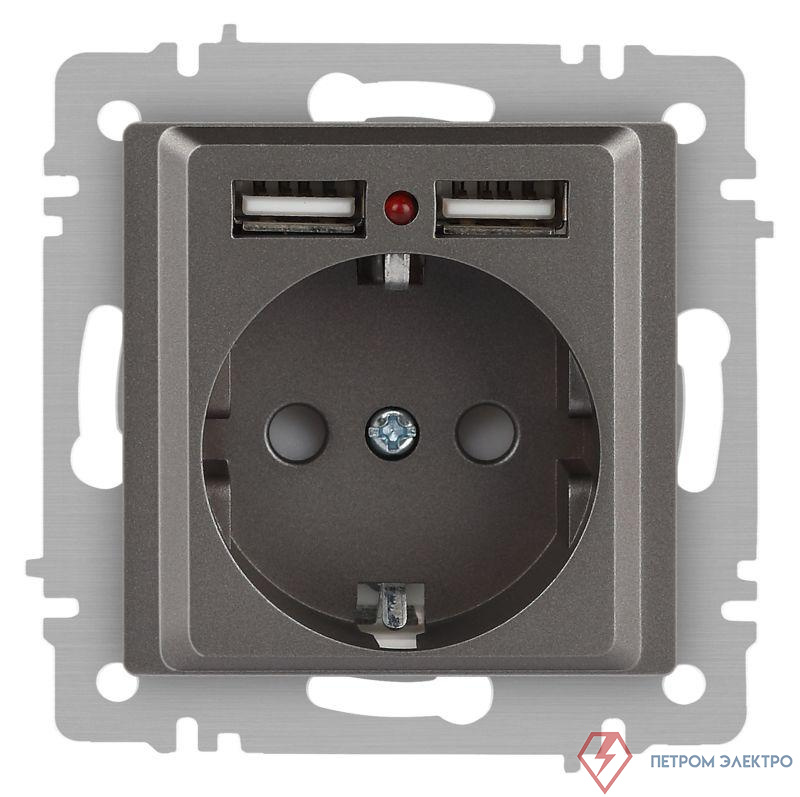 Розетка Accent 6-410-09 P+E Schuko со шторками 16А-250В + 2хUSB IP20 СУ титан Intro Б0063711