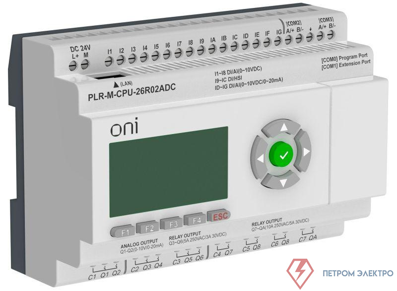 Контроллер программируемый логический (микро ПЛК) PLR-M. CPU DI16/DO08(R)/AO02 24В DC ONI PLR-M-CPU-26R02ADC