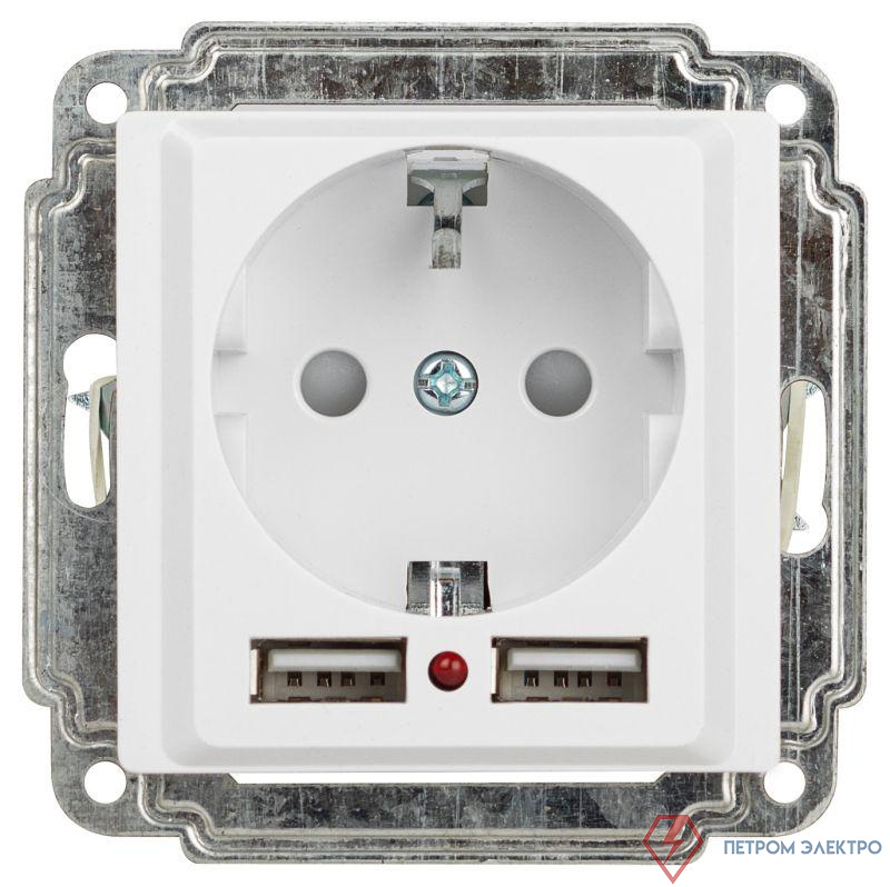 Розетка Intro Accent 6-410-01 P+E Schuko со шторками 16А-250В + 2хUSB IP20 СУ бел. Intro Б0063689